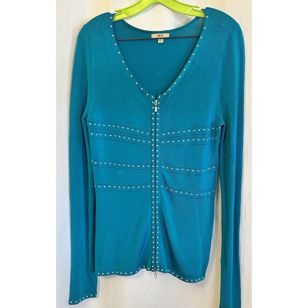 Cache Y2K VTG  Teal Blue Jeweled Dual Zip Embellished Studded Cardigan Sz M